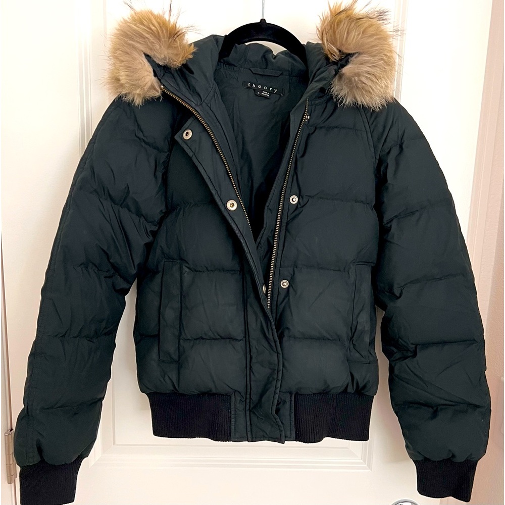 Theory Dark Green Puffer Jacket with Faux Fur Hood